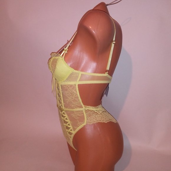 Victoria Secret Lingerie Teddy One Piece Bodysuit Yellow Wicked Lace Fairy Cotta - Picture 7 of 16
